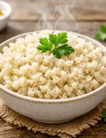 Quinoa perfeitamente cozida, soltinha e decorada com salsa fresca em uma mesa de madeira.