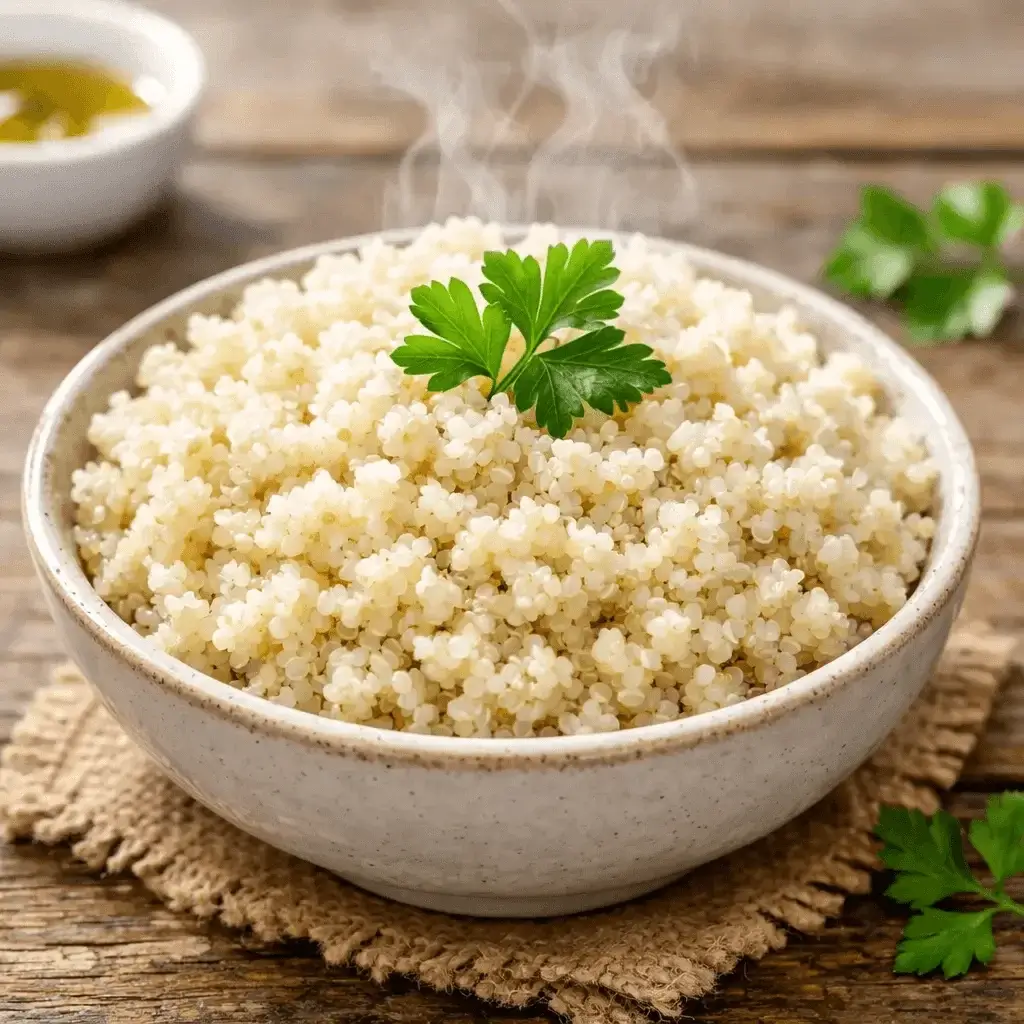 Quinoa perfeitamente cozida, soltinha e decorada com salsa fresca em uma mesa de madeira.
