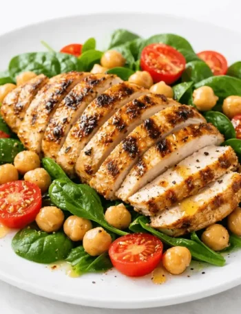 Refeição proteica completa com frango grelhado, grão-de-bico e vegetais frescos.
