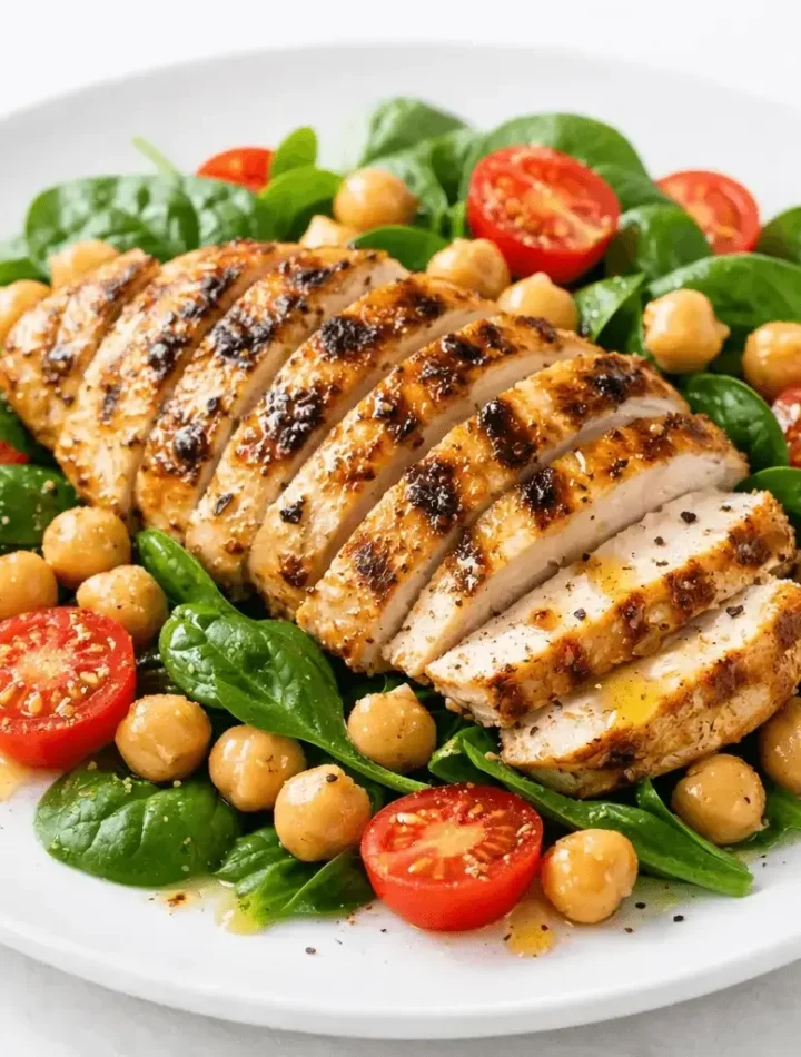 Refeição proteica completa com frango grelhado, grão-de-bico e vegetais frescos.